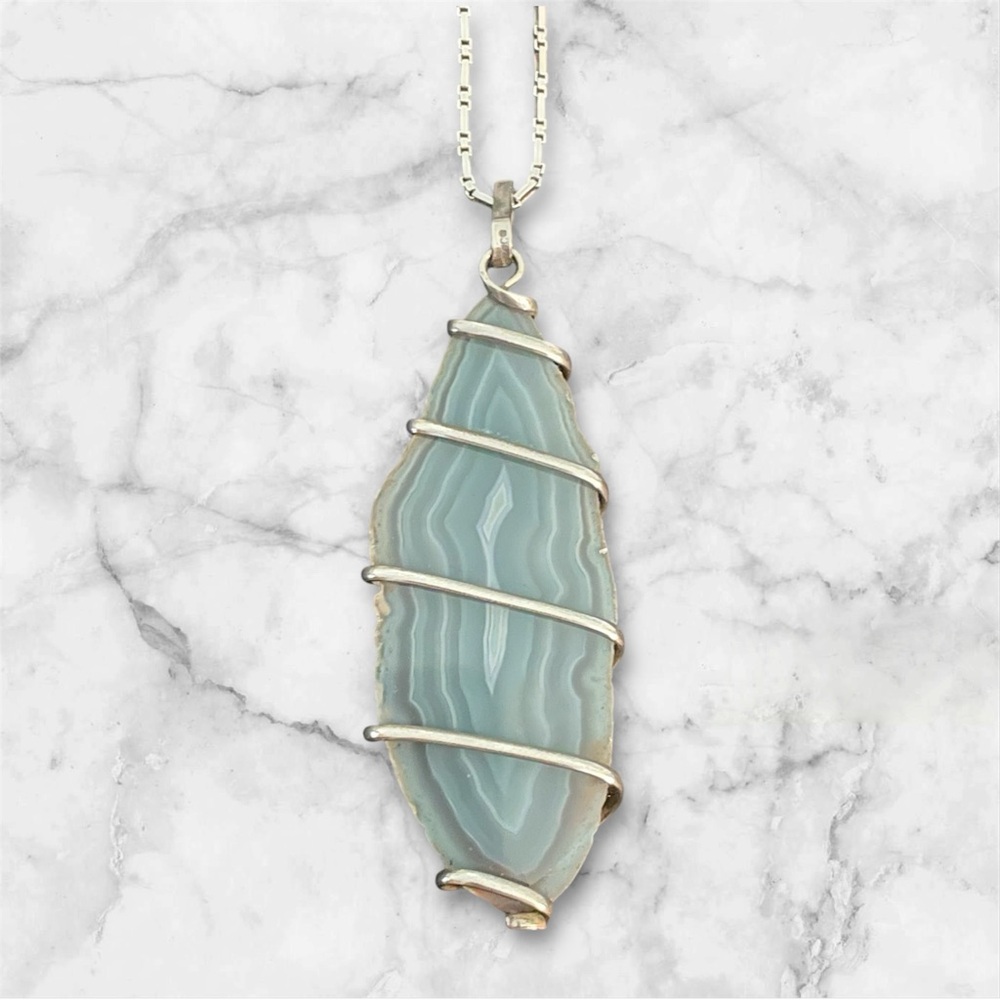 Vintage 925 Silver Taxco Agate Slice Pendant & 925 Figaro Chain